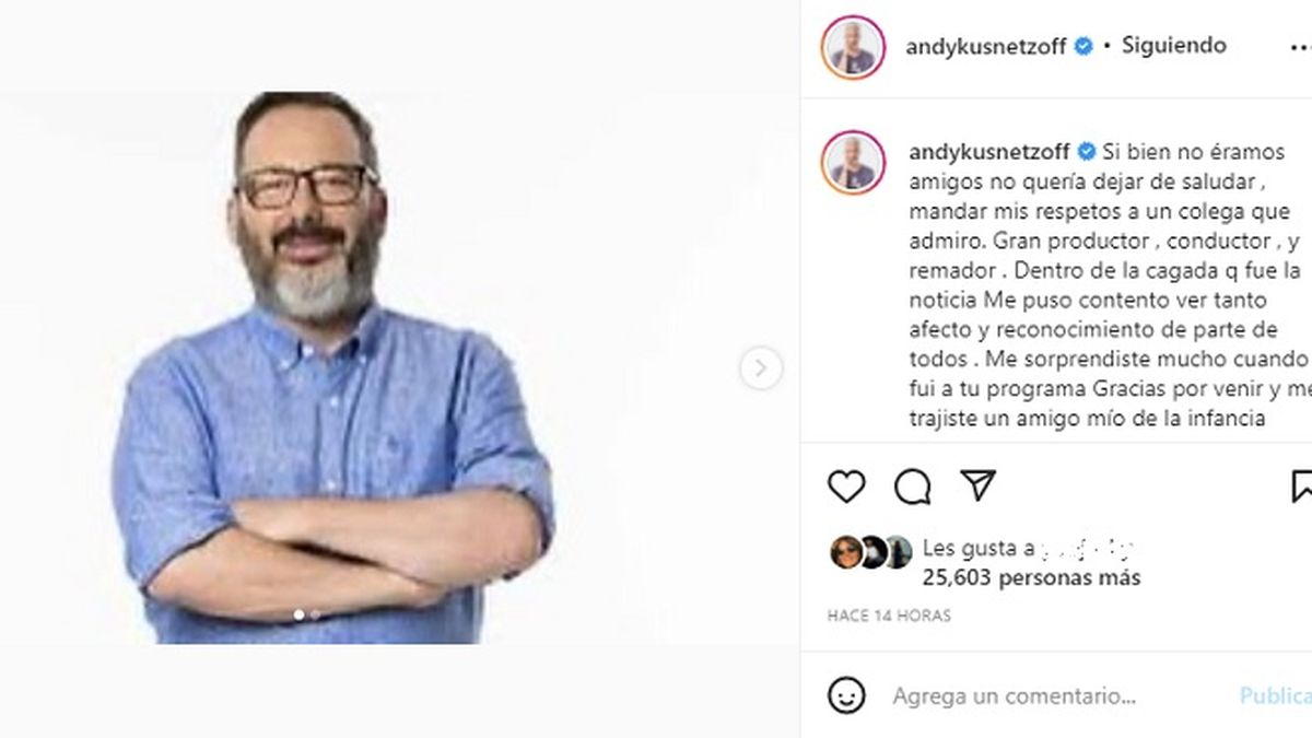 El posteo de Andy Kusnetzoff con el que despidió públicamente a su colega Gerardo Rozín, tras su dolorosa muerte el viernes pasado. 
