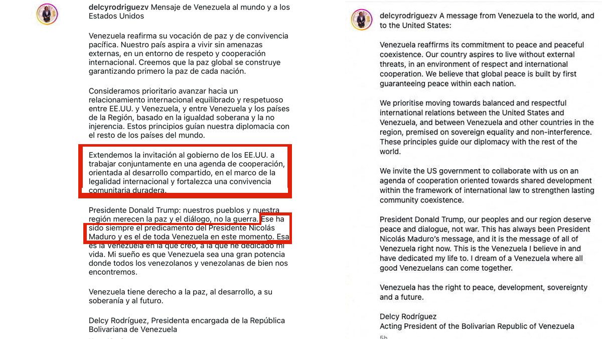 El mensaje de Delcy Rodríguez , con una mención muy tangencial sobre Nicolás Maduro. (Foto: Mensaje de Rodríguez por Telegraph)