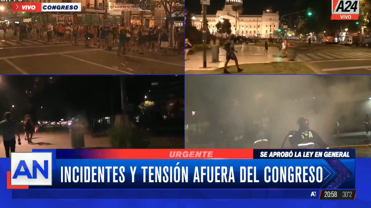 Tercera jornada de incidentes en la puerta del Congreso. (Foto: captura A24)