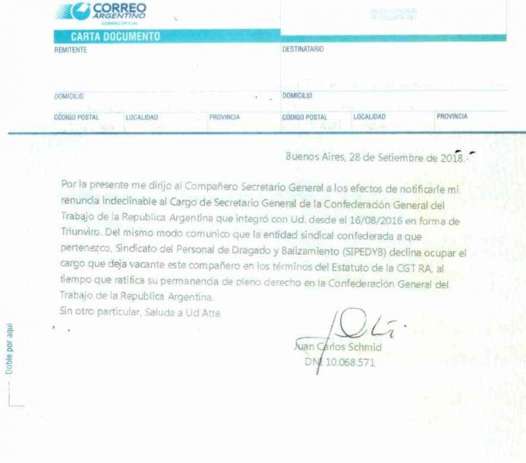 Ahora sí: Schmid presentó su renuncia formal a la CGT