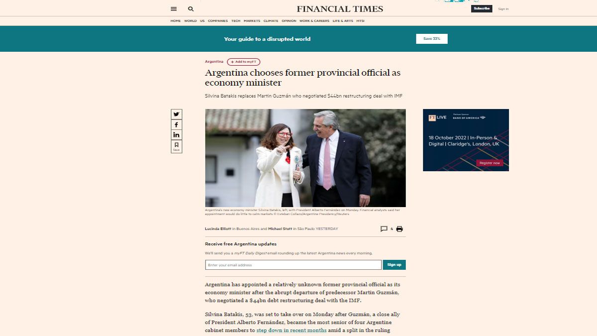 El Financial Times considera a la nueva ministra de Economía, Silvina Batakis casi como una desconocida en el mundo financiero (Foto: FT)