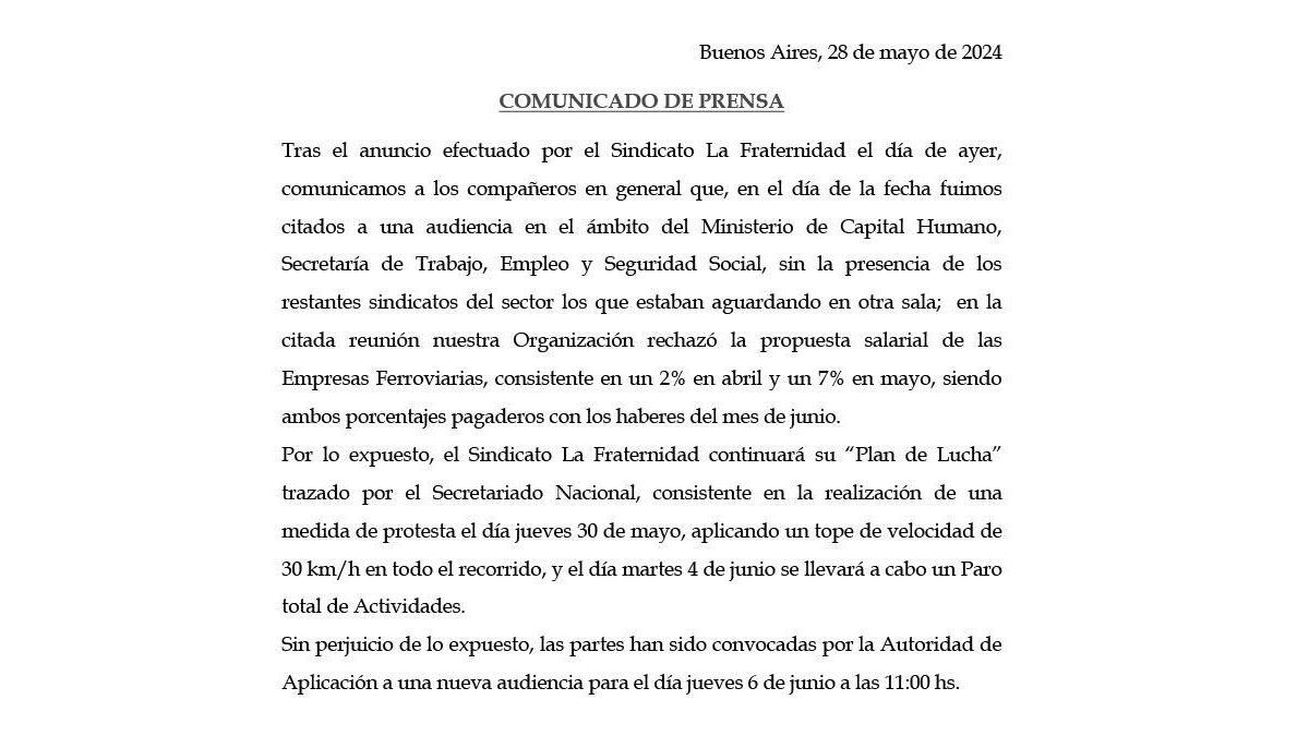 Reclamo salarial: el comunicado del gremio La Fraternidad (Foto: Reclamo salarial: el comunicado del gremio La Fraternidad (Foto: