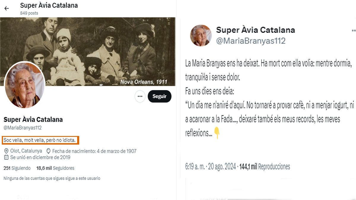 El encabezado de la cuenta de Mar&iacute;a y la noticia de su muerte, comunicada por sus familiares. (Foto: cuenta de X de Mar&iacute;a Branyas)