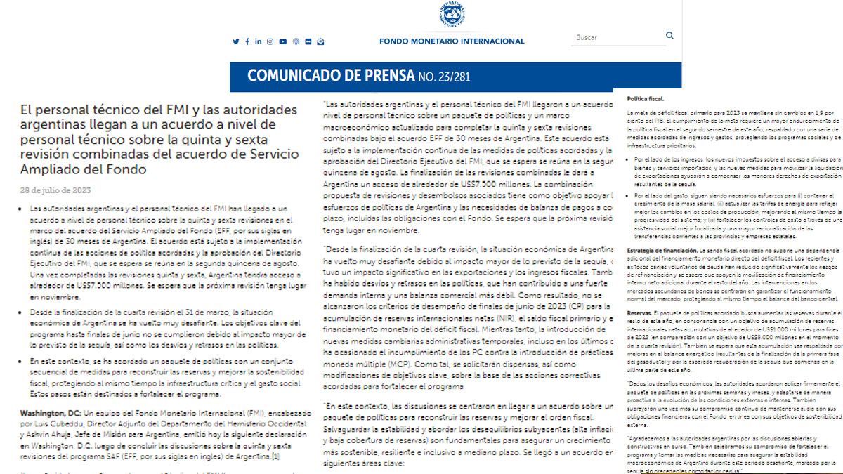 el comunicado de prensa del FMI sobre el acuerdo alcanzado con la Argentina este viernes. (Foto: FMI)