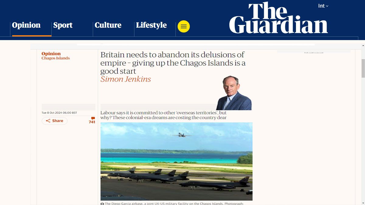 El art&iacute;culo en el que un periodista brit&aacute;nico dice que el Reino Unido debe devolver las Islas Malvinas a la Argentina (Foto: The Guardian).