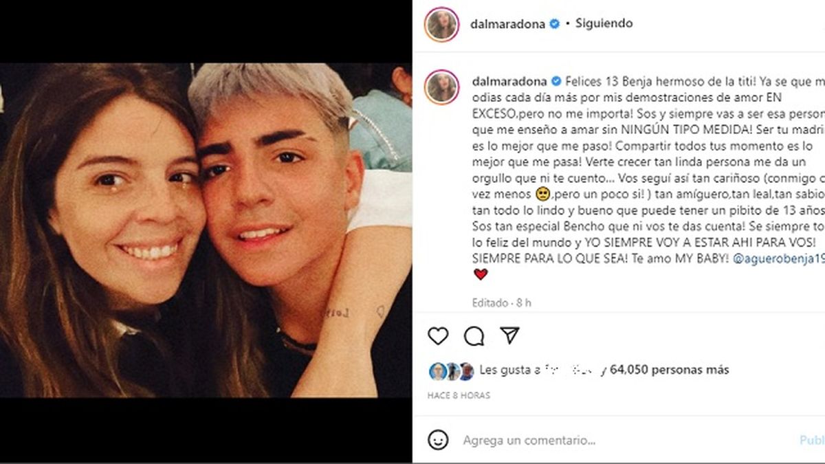 El posteo de Dalma Maradona saludando a su sobrino, Benjamín Agüero Maradona, por sus 13 años. 
