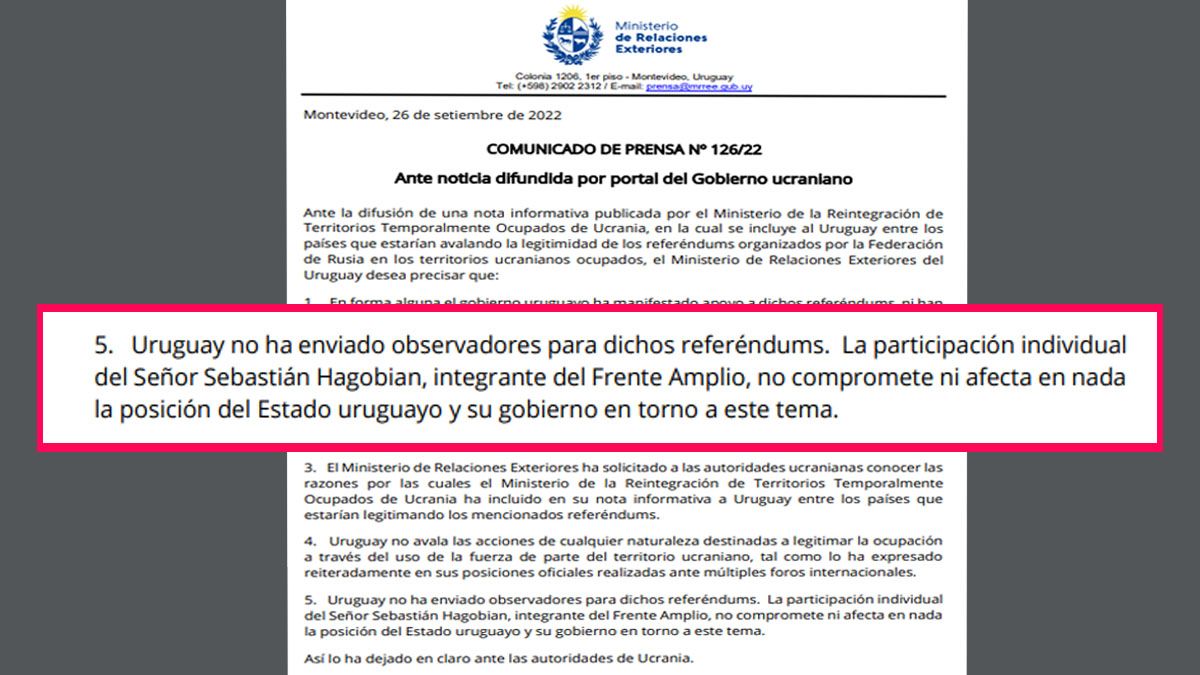 La cancillería uruguaya desmintió haber enviado observadores al referéndum organizado por Rusia en las zonas ocupadas a Ucrania (Foto: Comunicado Cancillería del Uruguay)