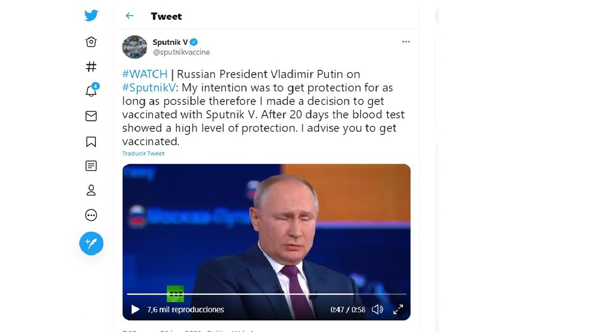 Vladimir Putin, completó su vacunación a mediados del 2020 con la Sputnik V (Foto: Cuenta de Twitter de SPutnik)