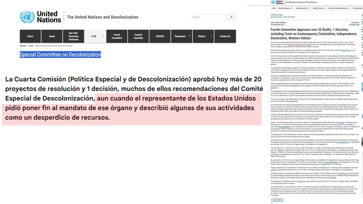 Los Estados Unidos piden dar de baja al mandato del Comité de Descolonización de Naciones Unidas. (Foto: A24.com/C-24 ONU)