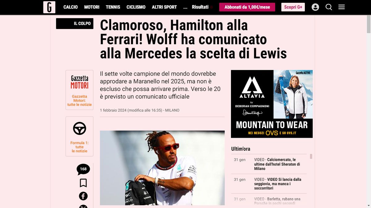 "Clamoroso", dice la Gazzetta dello Sport por la llegada de Hamilton a Ferrari en 2025 (Foto: Gazzetta dello Sport).