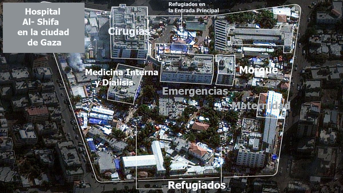 Vista satelital del Hospital de Al-Shifa, en la ciudad de Gaza (Foto: gentileza NY Times).
