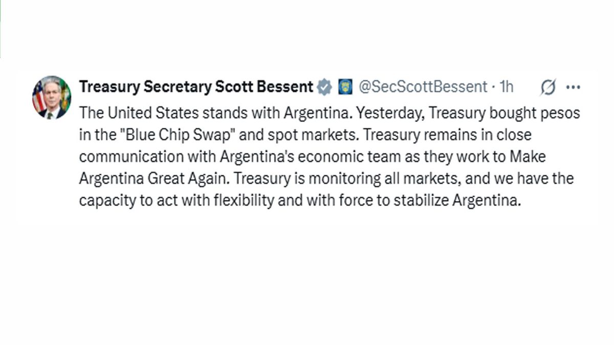 El nuevo mensaje de Bessent, con otra intervención del Tesoro de EE.UU. en el mercado argentino de divisas. (Foto. cuenta de X de Bessent)