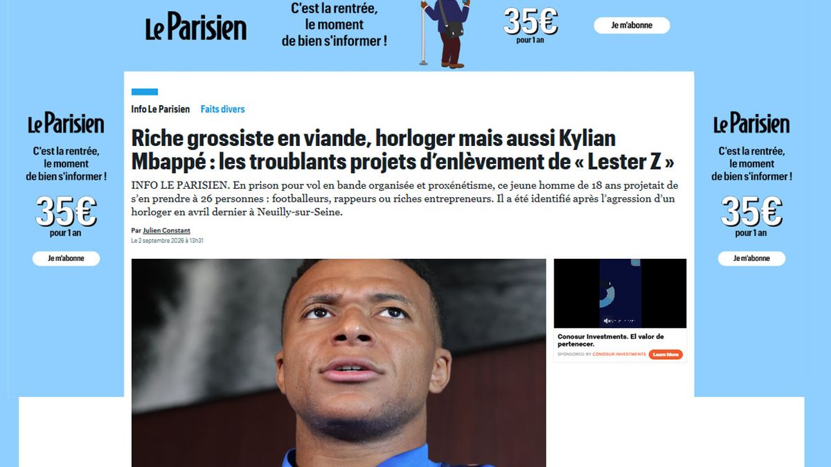 “Rico mayorista de carne, relojero, Kylian Mbappé: los inquietantes planes de secuestro de ‘Lester Z’”. El ertículo de Le Parisien que advierte de un secuestro planeado a Mbappe. (Foto: Le Parisien)