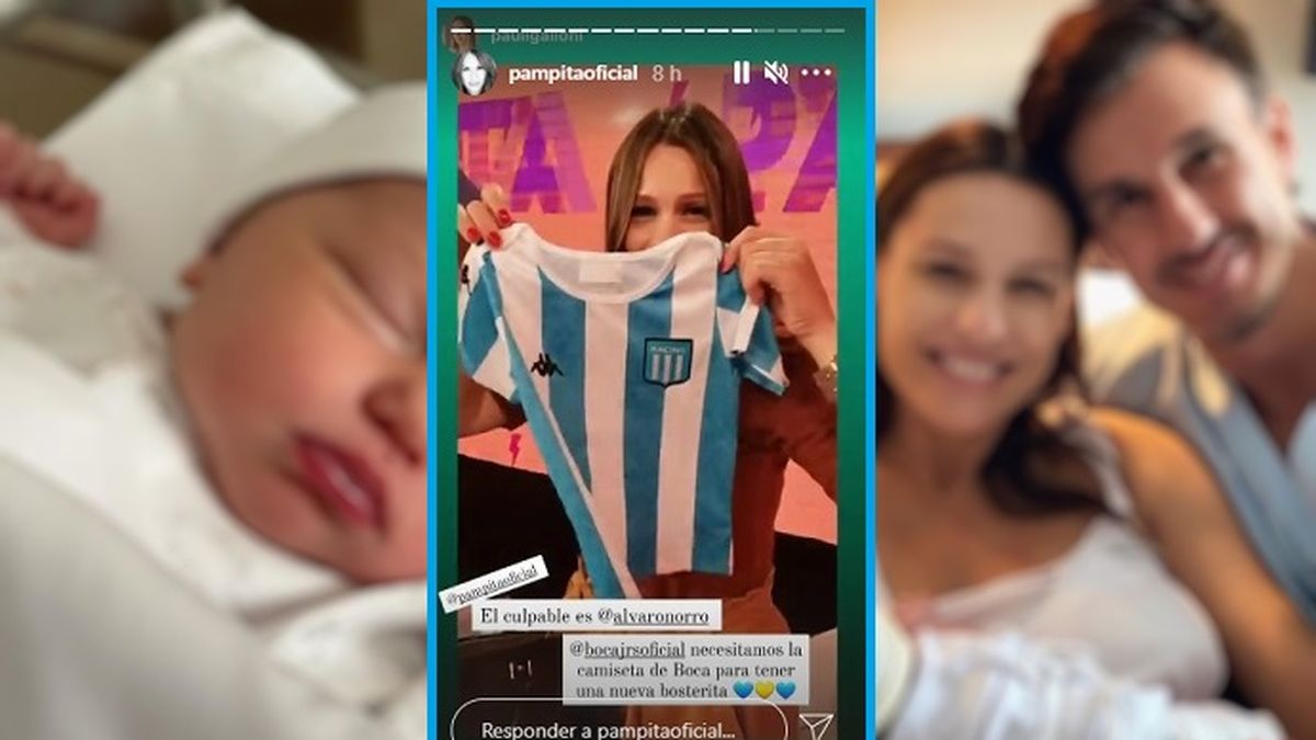 Pampita recibió el conjunto de camiseta y pantalón de Racing Club, el cuadro de fútbol de Roberto García Moritán. Ella quiere hacerla de Boca Jr.