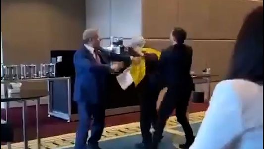 A las trompadas: un delegado ruso le arrebató la bandera a un ucraniano y estalló la pelea