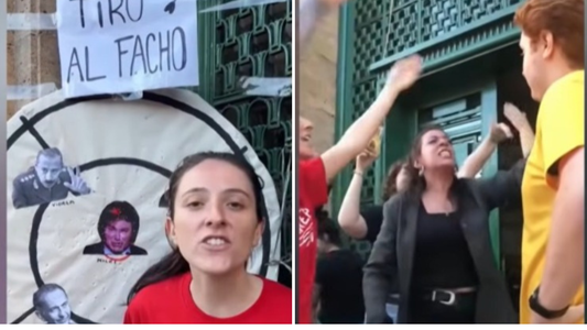 Tenso cruce entre un docente y estudiantes por una polémica consigna con la imagen de Milei
