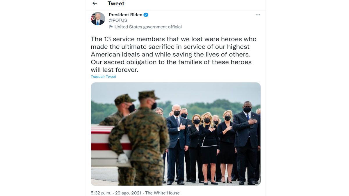 Joe Biden, viajó a la base militar a la que llegaron los marines muertos en el ataque en el aeropuerto de Kabul (Foto: cuenta de Twitter de Joe Biden)
