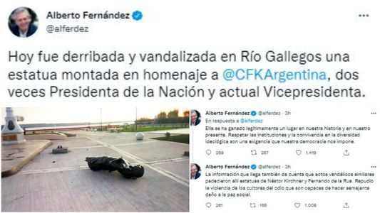 Con un duro mensaje, Alberto Fernández se refirió al vandalismo a la estatua de Cristina Kirchner