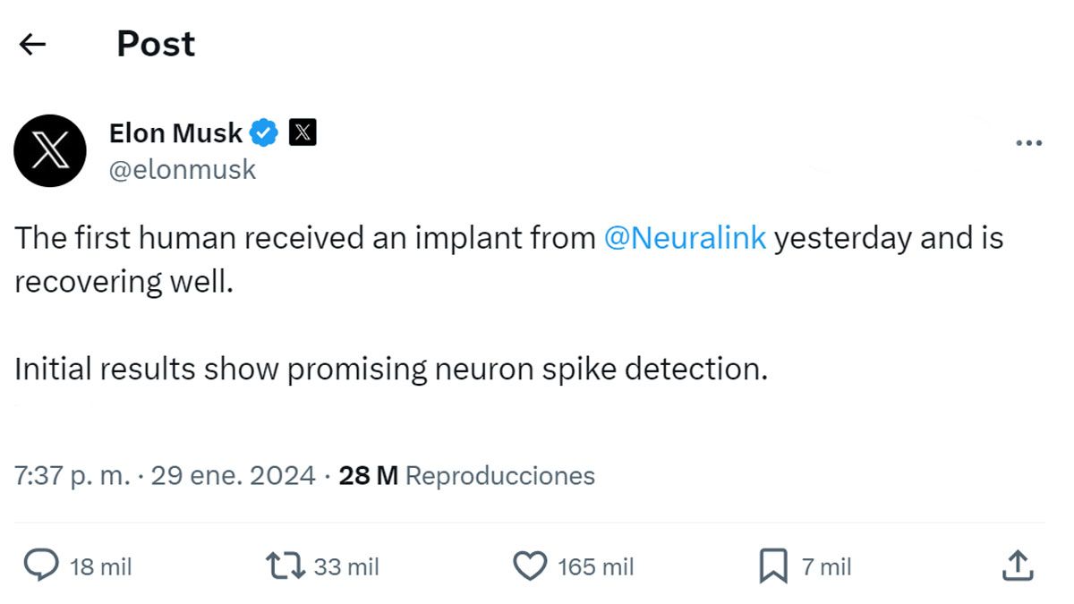 Elon Musk anunci&oacute; por las redes sociales que ya se implant&oacute; el primer chip en un cerebro humano (Foto: cuenta de "X" de Elon Musk).