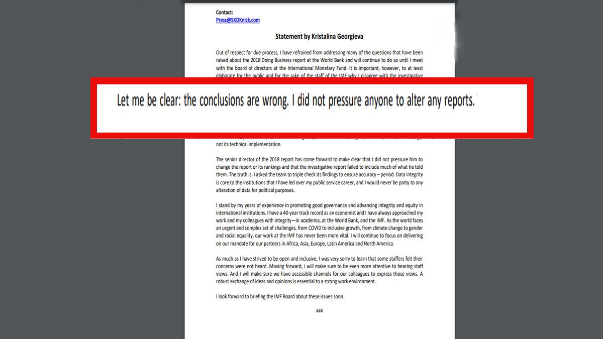 Kristalina Georgieva negó las acusaciones por escrito, pero prometió una conferencia de prensa que todavía no realizó (Foto: FMI)
