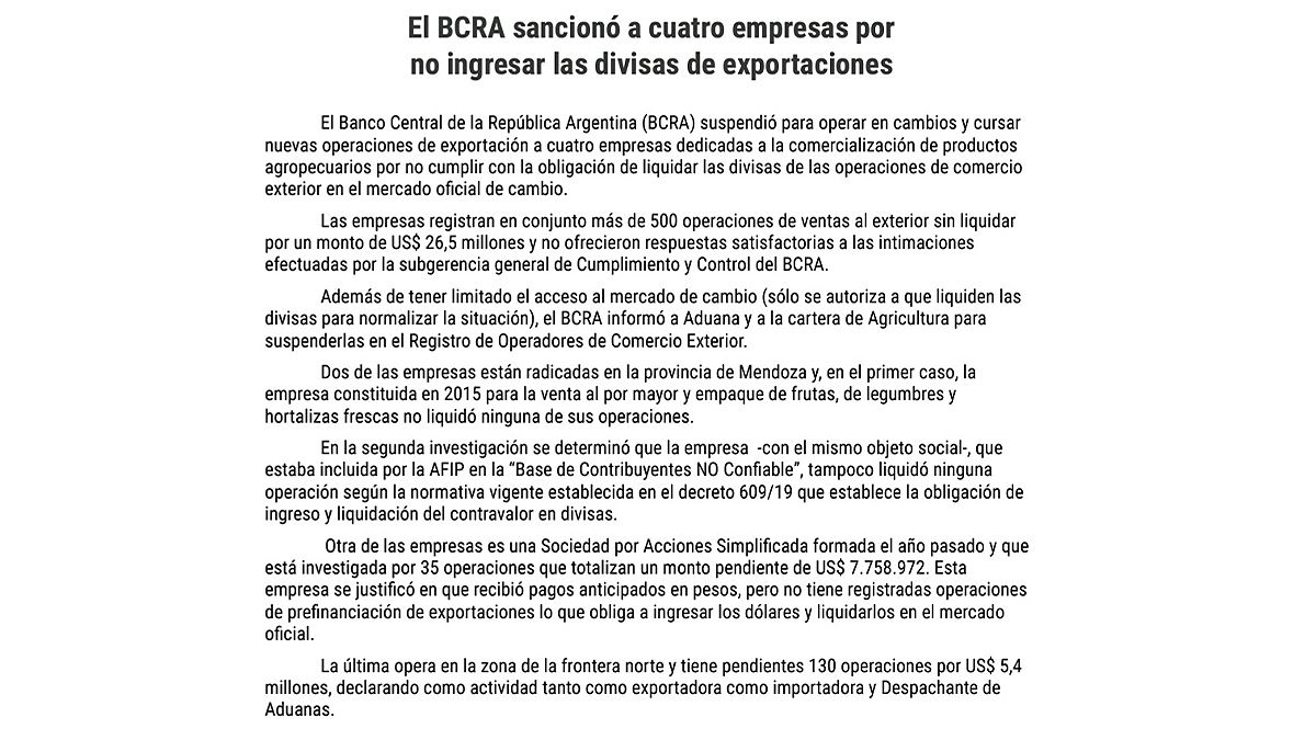 El comunicado de BCRA que detalla las operaciones investigadas. 
