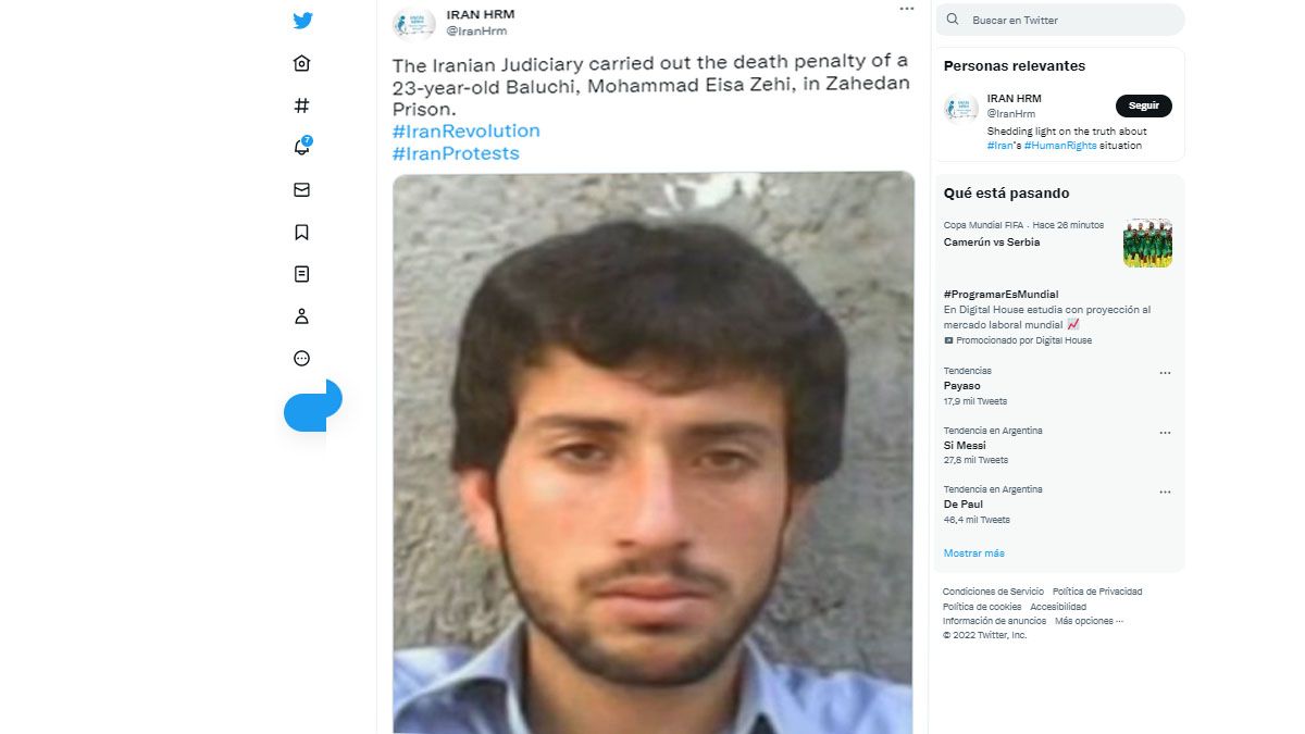 Human Rights In Iran, una ONG defensora de los derechos humanos denuncia la condena a muerte de un manifestante tras el asesinato de Mahsa Amini (Foto: Cuenta de twitter de IRAN HRM)