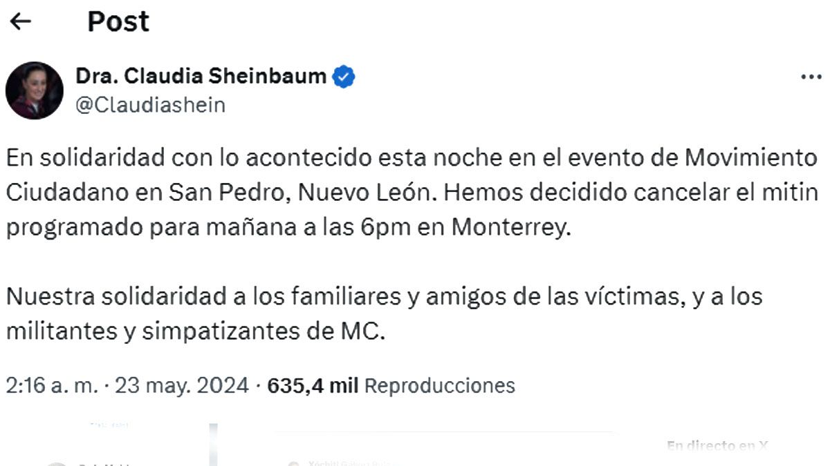 Posteo solidario de la candidata presidencial del oficialismo MORENA, Claudia Sheimbaum.(Foto: cuenta de X de Sheinbaum)