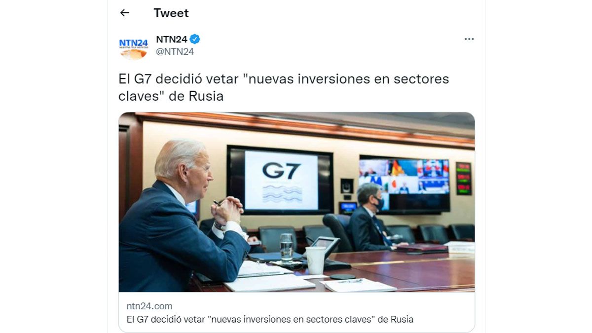 El G7 pidió que Rusia sea separado de la Comisión de Derechos Humanos de la ONU y planea más medidas para aislar económicamente al gobierno de Vladimir Putin ( Cuenta de Twitter de NTN24)