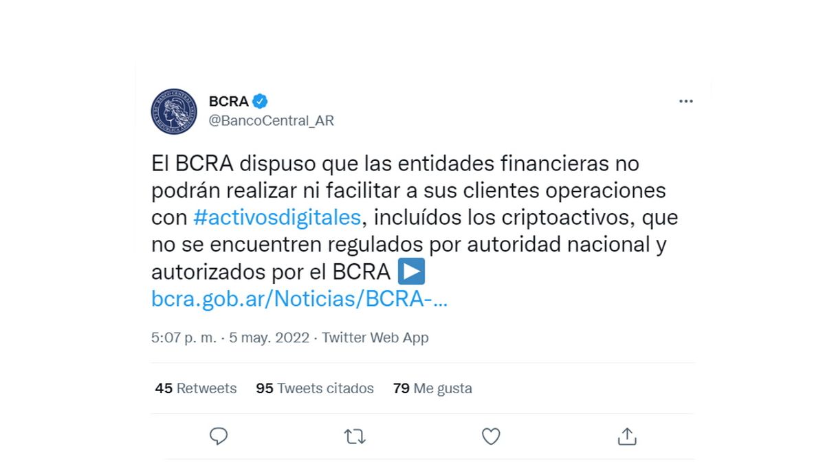 Anuncio de la prohibición del BCRA.