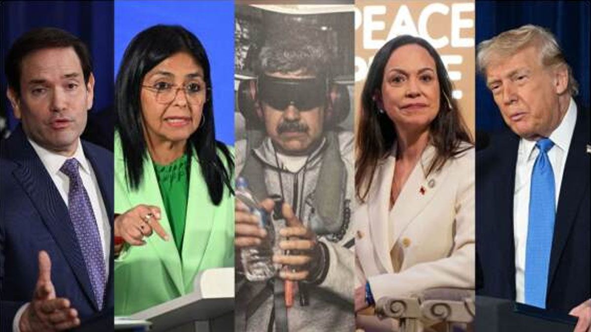 Las caras de Venezuela: Marco Rubio, Delcy Rodríguez, Nicolás Maduro, María Corina Machado y Donald Trump. (Foto: A24.com)