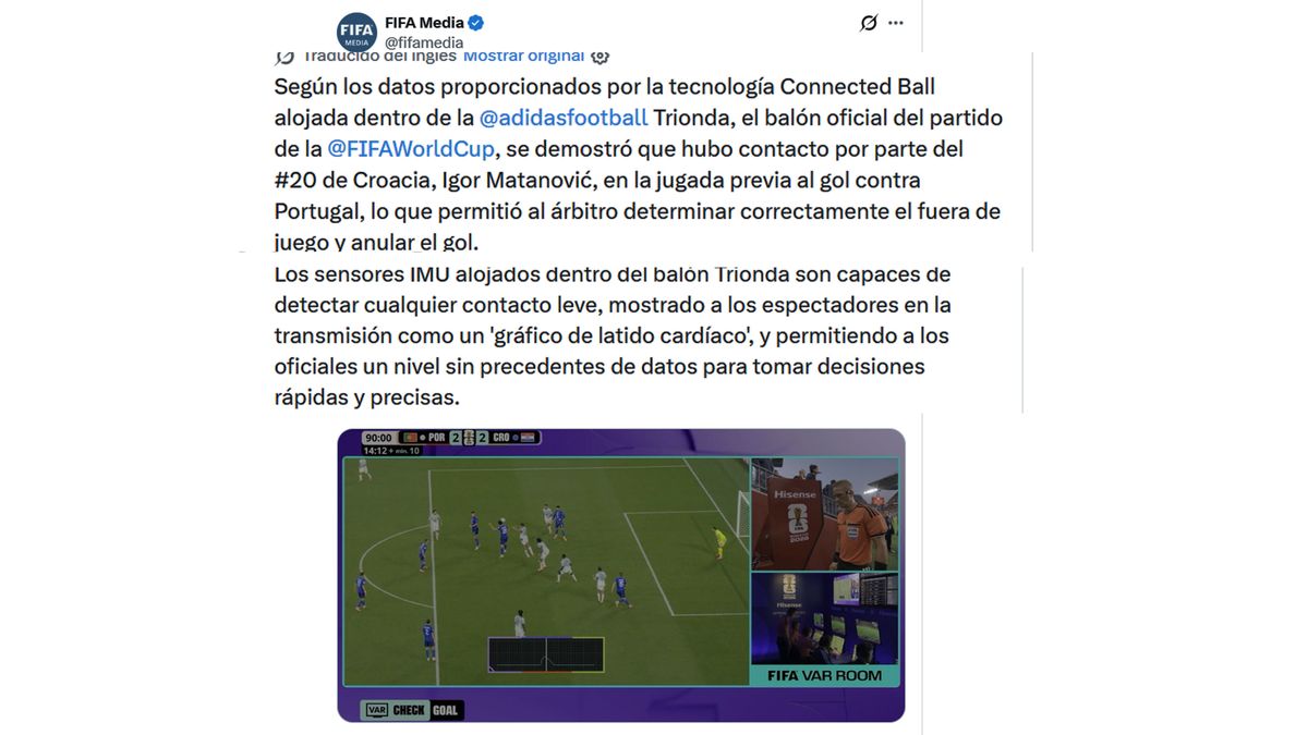 Tecnología y FIFA. La explicación oficial del porque el empate de Croacia ante Portugal fue anulado. (foto: FIFA)
