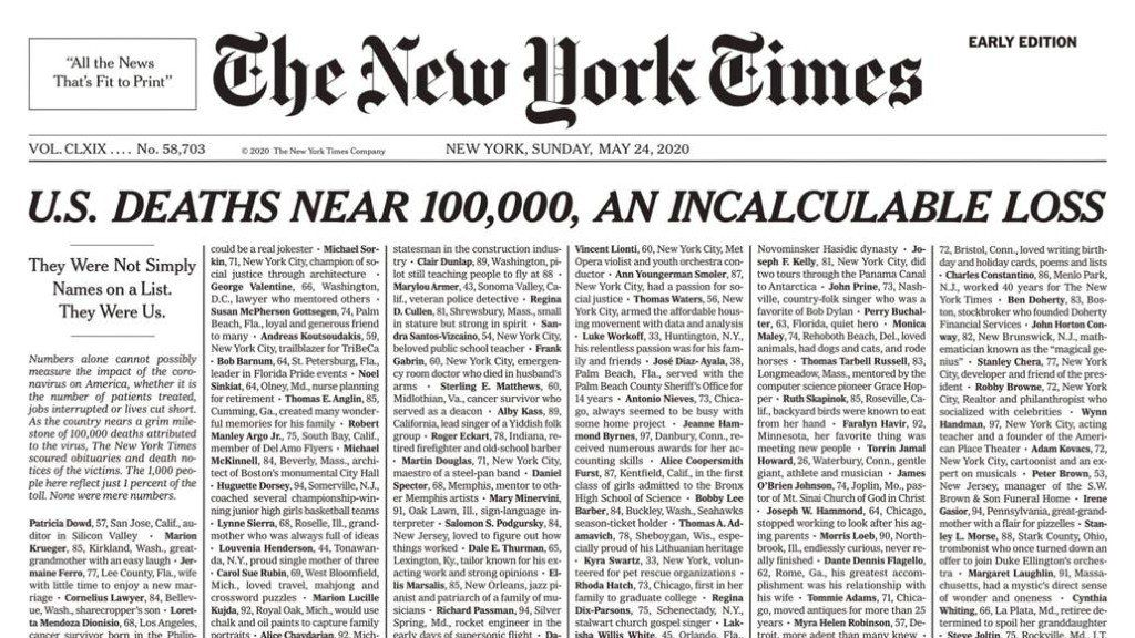 La impactante tapa del New York Times que refleja la cantidad de muertos en Estados Unidos por coronavirus
