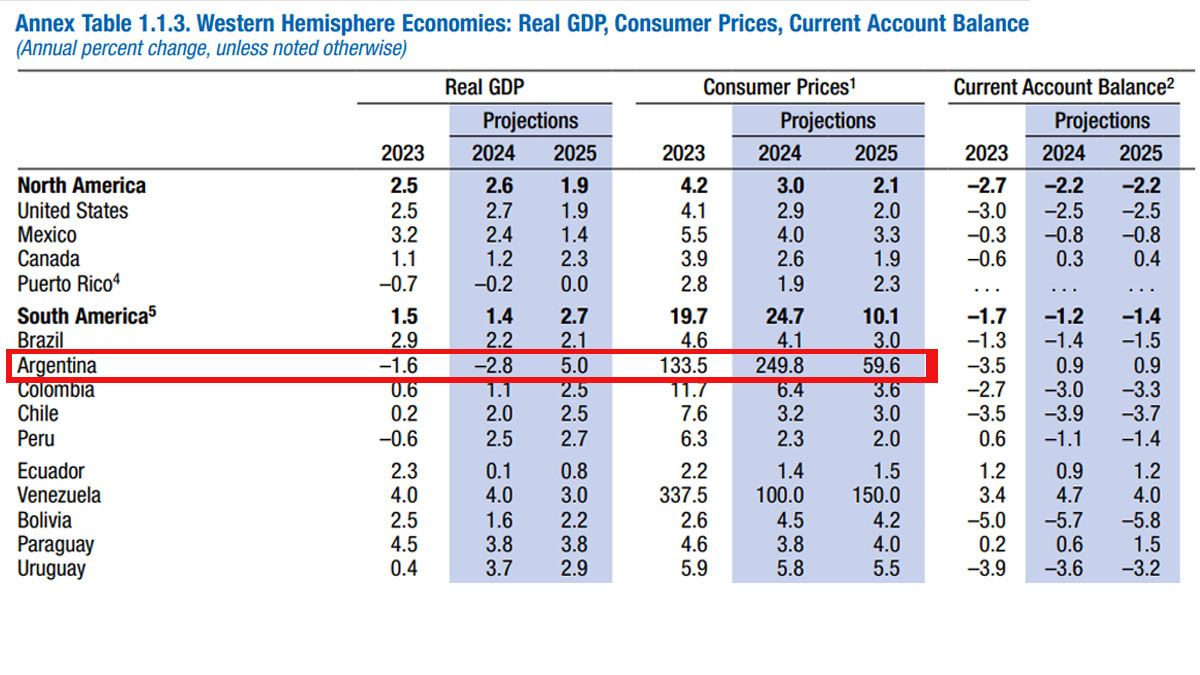 La Argentina tendrá una caída del PBI del 2,8% en este 2024, pero un rebote del 5% en 2025 (Foto: FMI/WEO).
