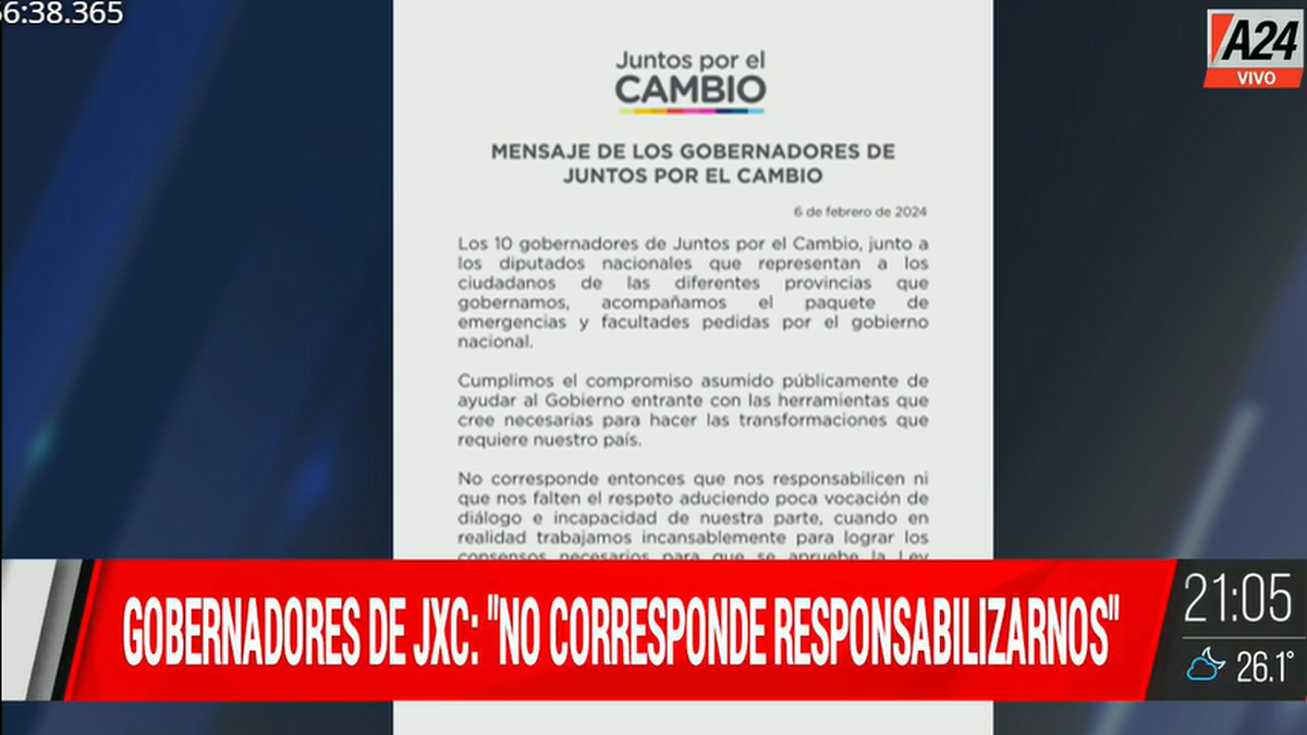 Diputados del PRO salieron a demostrar su apoyo al proyecto de ley del Gobierno de Milei. (Foto: captura A24)