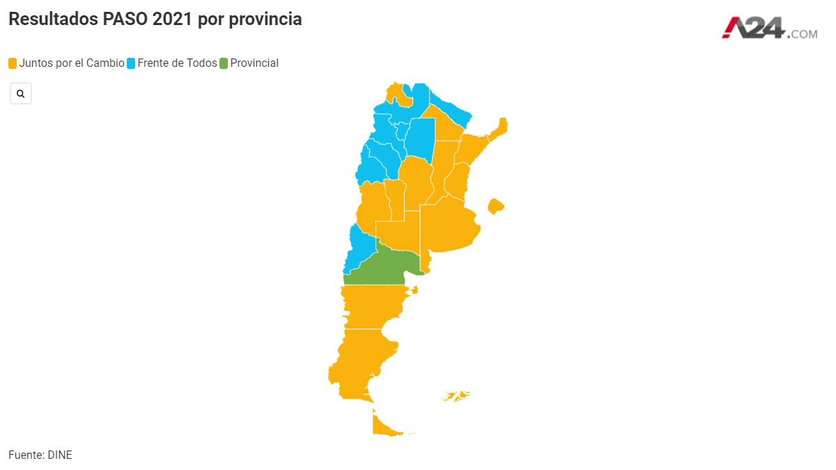 Resultados de las PASO, elecciones 2021, por provincia (Foto: Centro de datos de A24.com) 