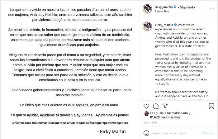 El posteo de Ricky Martin en su lucha contra la violencia de género.