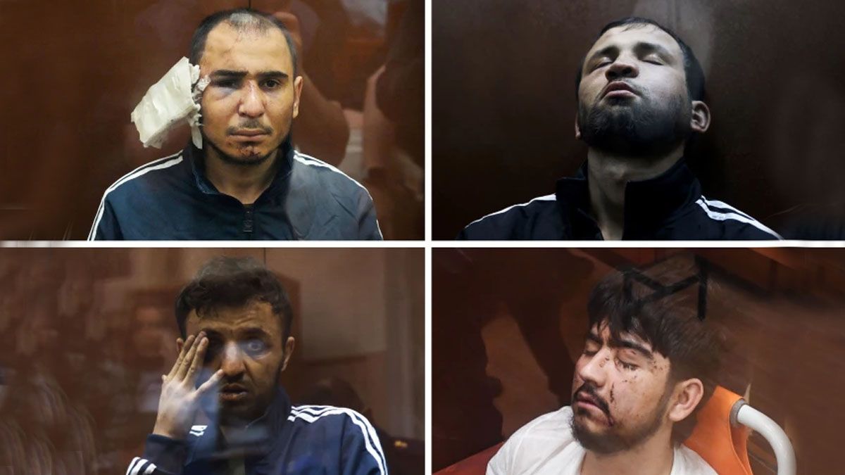 Los cuatro detenidos en un muy mal estado personal, al momento de presentarse ante el tribunal en Moscú. (Foto: Gentileza BBC)