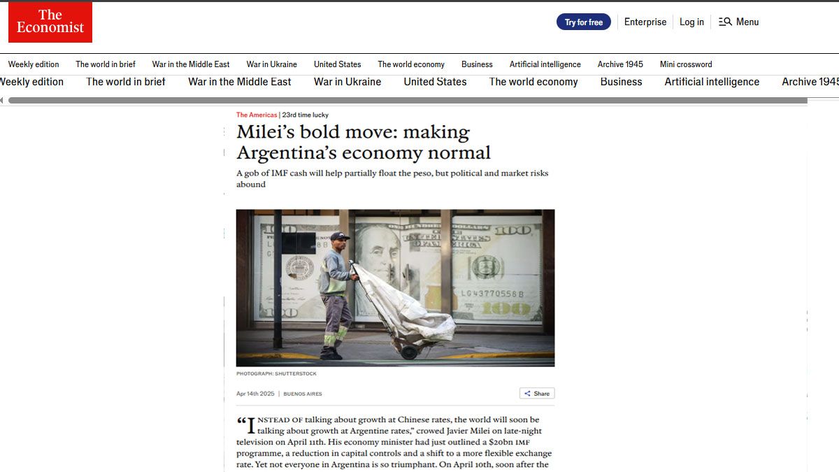 El art&iacute;culo de "The Economist" que elogia las transformaciones del presidente Milei en la econom&iacute;a argentina. (Foto: The Economist)