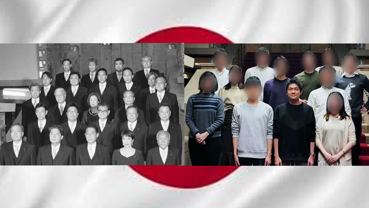 Los dos gabinetes de Jap&oacute;n. En blanco y negro el verdadero con el primer ministro Kishida. En Colores, Kishida Jr. con sus amigos duplicando la "foto de familia". (Foto: A24.com)