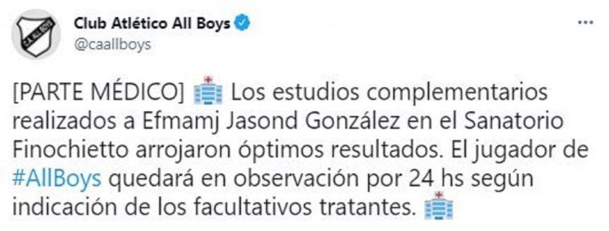 El club informó que los resultados de los estudios que le hicieron a Almanaque Gonzalez