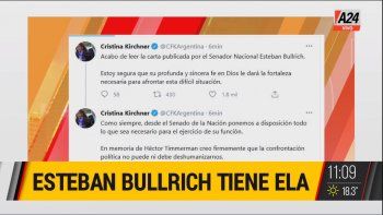 Estoy segura que su profunda y sincera fe en Dios le dará la fortaleza necesaria para afrontar esta difícil situación, expresó Cristina Kirchner tras conocer que el senador Esteban Bullrich padece ELA (Foto: captura de pantalla). Estoy segura que su profunda y sincera fe en Dios le dará la fortaleza necesaria para afrontar esta difícil situación, expresó Cristina Kirchner tras conocer que el senador Esteban Bullrich padece ELA (Foto: captura de pantalla).