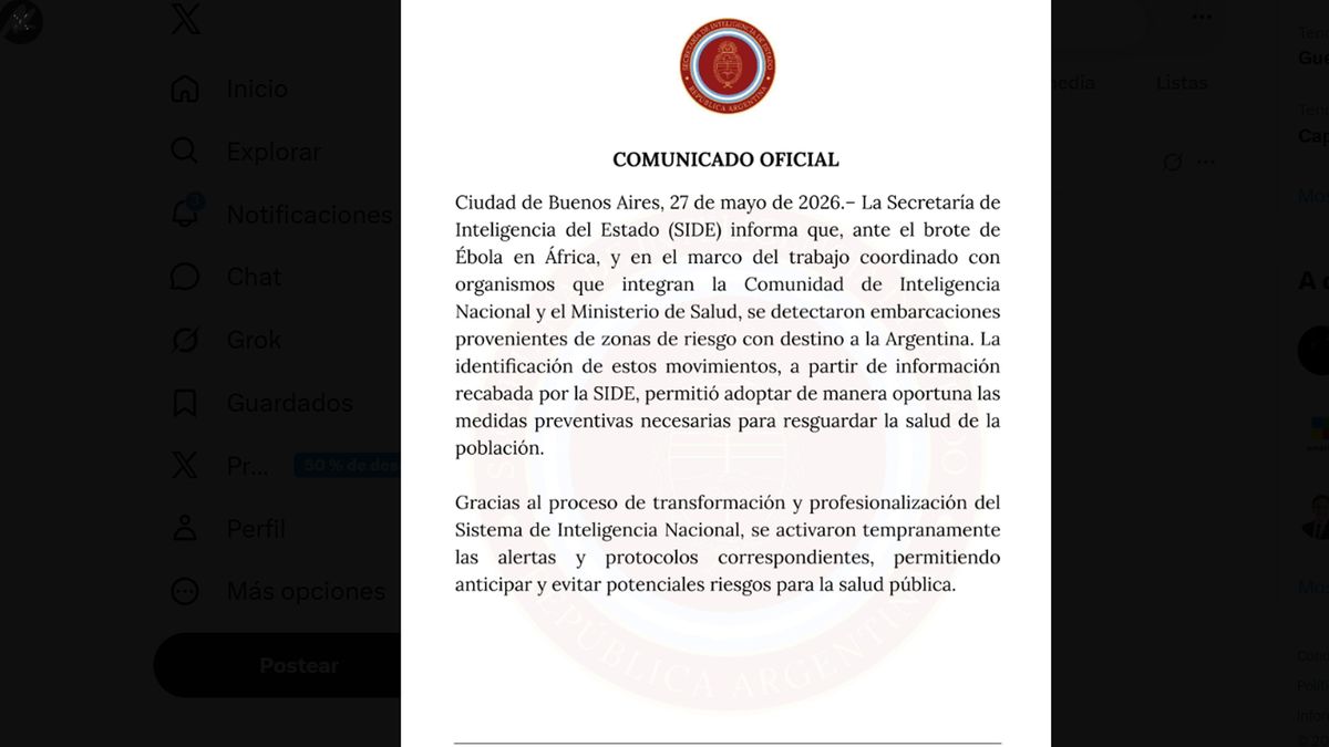 El comunicado oficial de la SIDE por el alerta por embarcaciones desde la zona de ébola en el África. (Foto: Cuenta de SIDE)