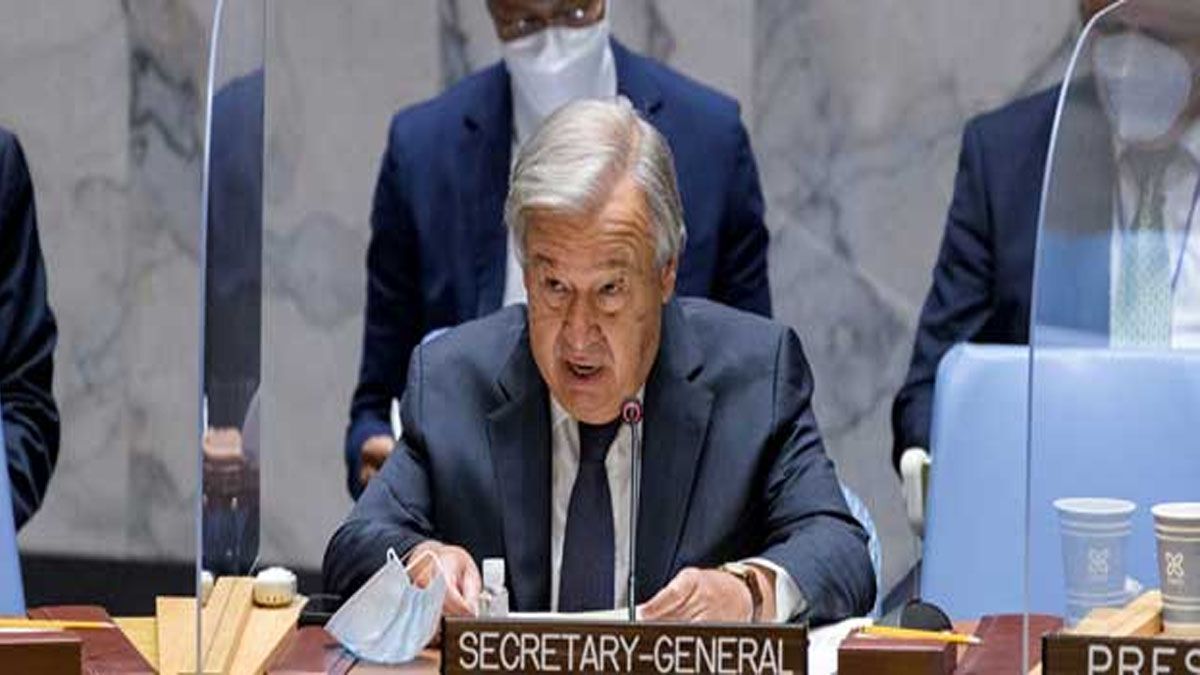 El secretario general de la ONU, António Guterres, mientras informaba sobre la situación en Afganistán a los 15 miembros del Consejo de Seguridad, en una reunión de emergencia el 30 de agosto. “El mundo está mirando. No podemos ni debemos abandonar al pueblo de Afganistán”, imploró. (Foto: Manuel Elías /ONU)