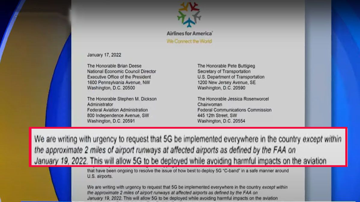 Fragmento de la carta de Aerolíneas norteamericanas alertando por posibles interferencias de las antenas 5G (Foto: Airlines for America)