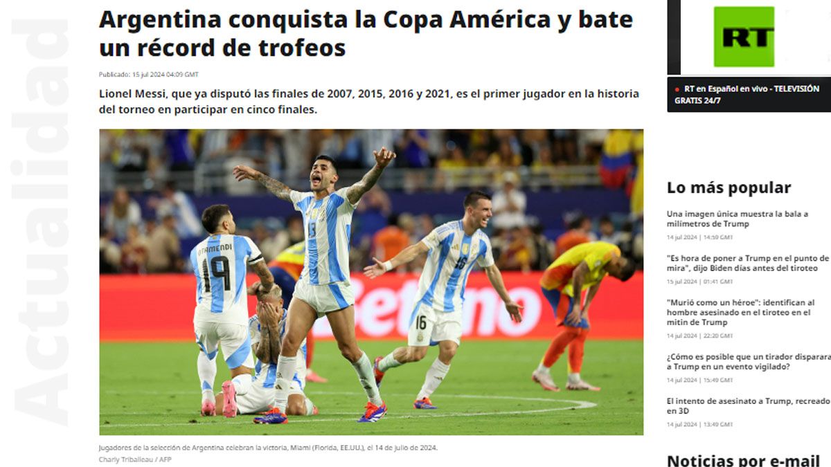 El medio ruso RT destaca que la Scaloneta bate récords con sus títulos consecutivos. (Foto:RT)