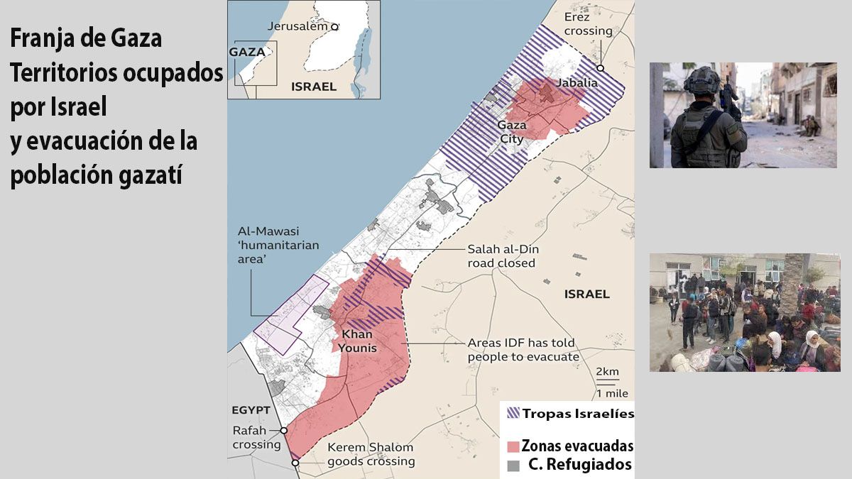 La franja de Gaza, con los territorios abandonados o evacuados, las zonas en las que permanecen los soldados israelíes y los campos de refugiados.( Foto: A24.com)
