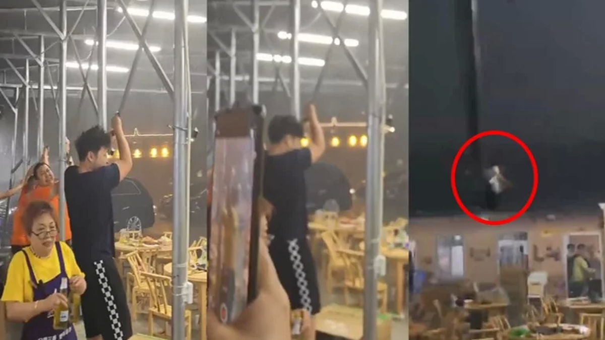 ¡Lo que el viento se llevó!: se aferraron al techo de un restaurante para que no se vuele y salieron despedidos