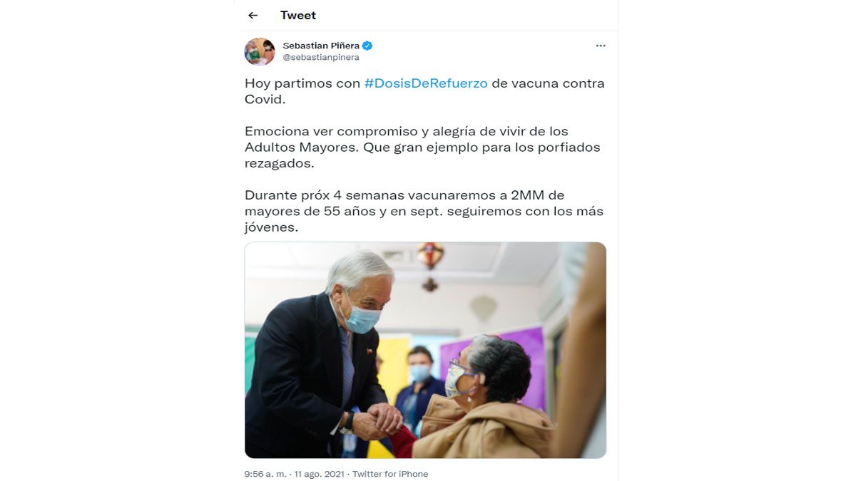 El presidente Piñera, promotor de la campaña de una tercera dosis de refuerzo contra el COVID-19. (Foto: Cuenta oficial de Twitter de Sebastián Piñera)