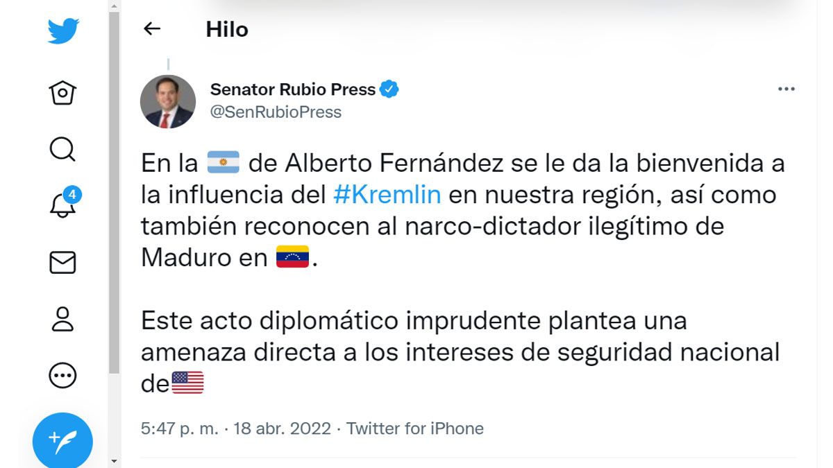  senador republicano, Marco Rubio, aliado de Donald Trump, criticó a Alberto Fernández por querer normalizar las relaciones diplomáticas con Venezuela (Foto: Cuenta de Twitter del Senador Marco Rubio)