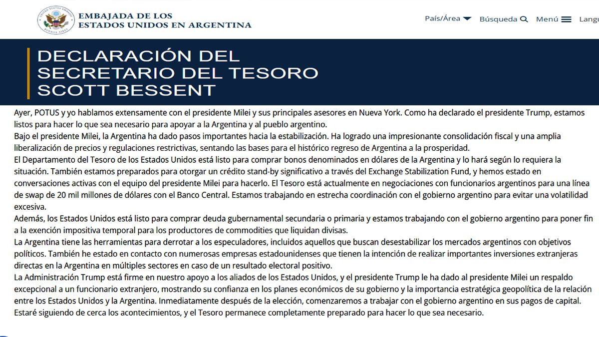 Para que no queden dudas. El apoyo del Tesoro norteamericanose publicó en la cuenta de X de Bessent y como una declaración oficial de esa secretaría de Estado. (Foto: Página oficial Sec. del Tesoro)